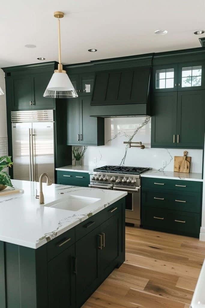 dark green kitchen cabinets with white appliances