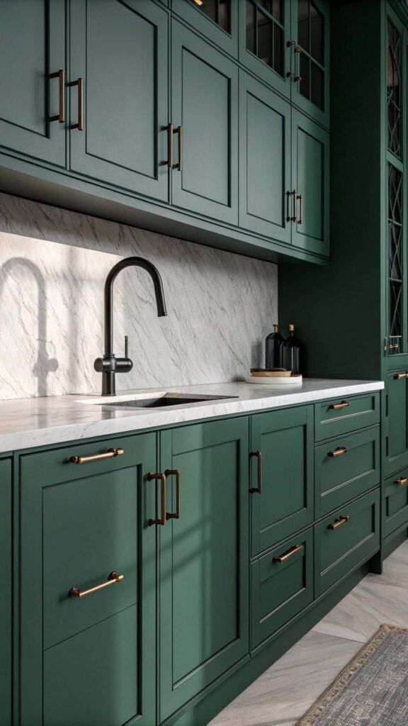 very dark green kitchen cabinets