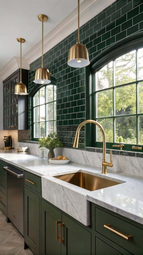 dark green kitchen cabinets and walls