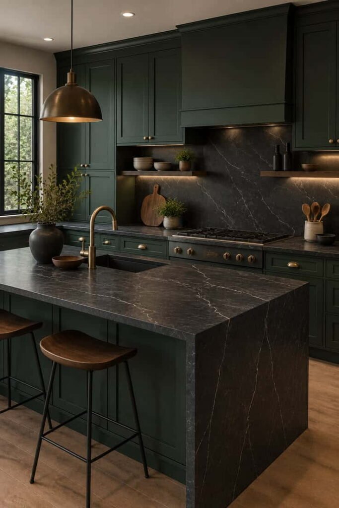 dark green kitchen cabinets with black appliances