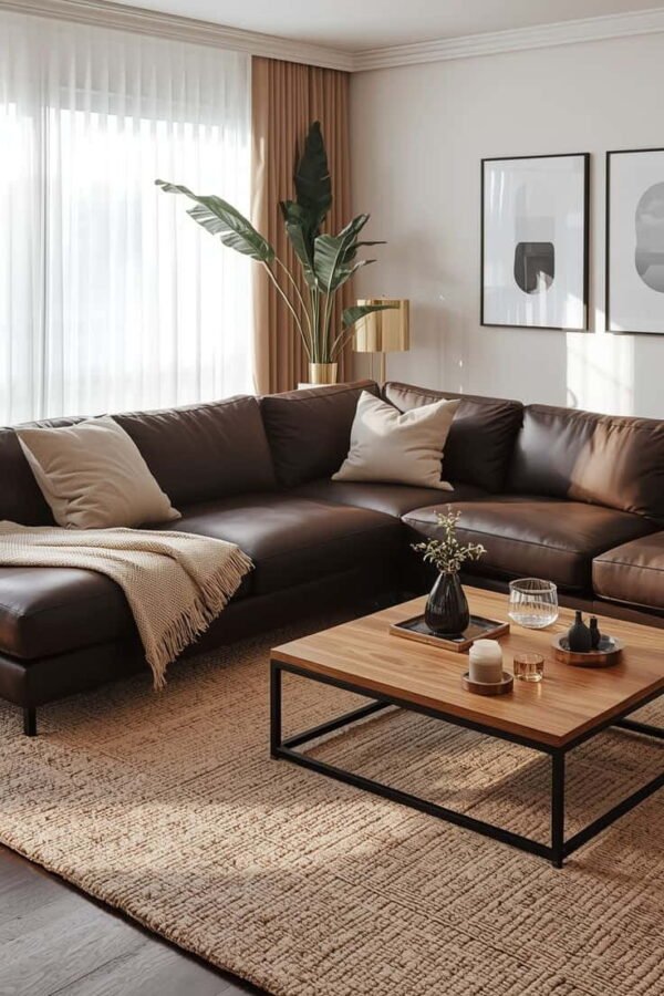 living room decor ideas brown leather sofa