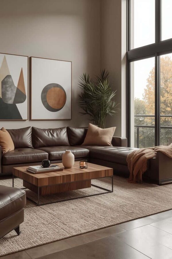 living room decor ideas brown leather sofa